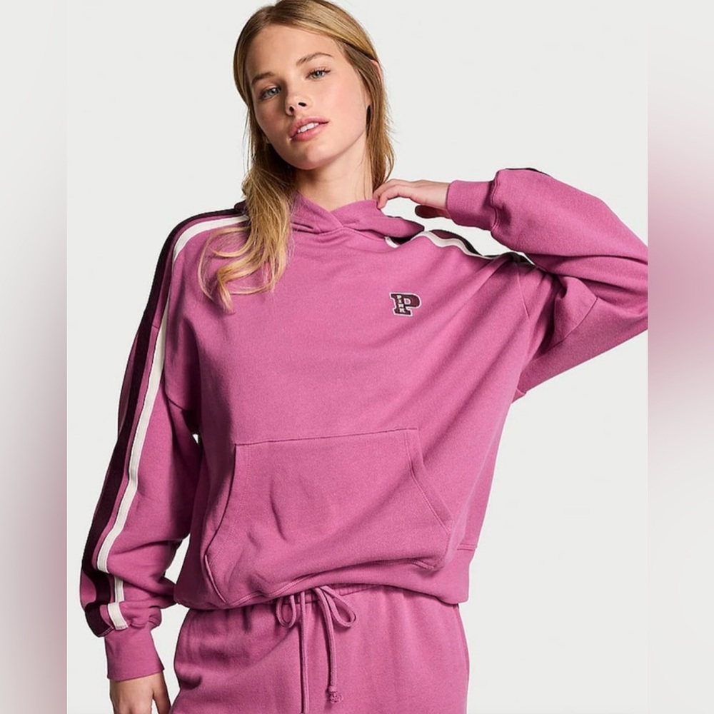 PINK Victoria's Secret NWT Pink Violet Pullover Fleece Hoodie Stripe Accent M